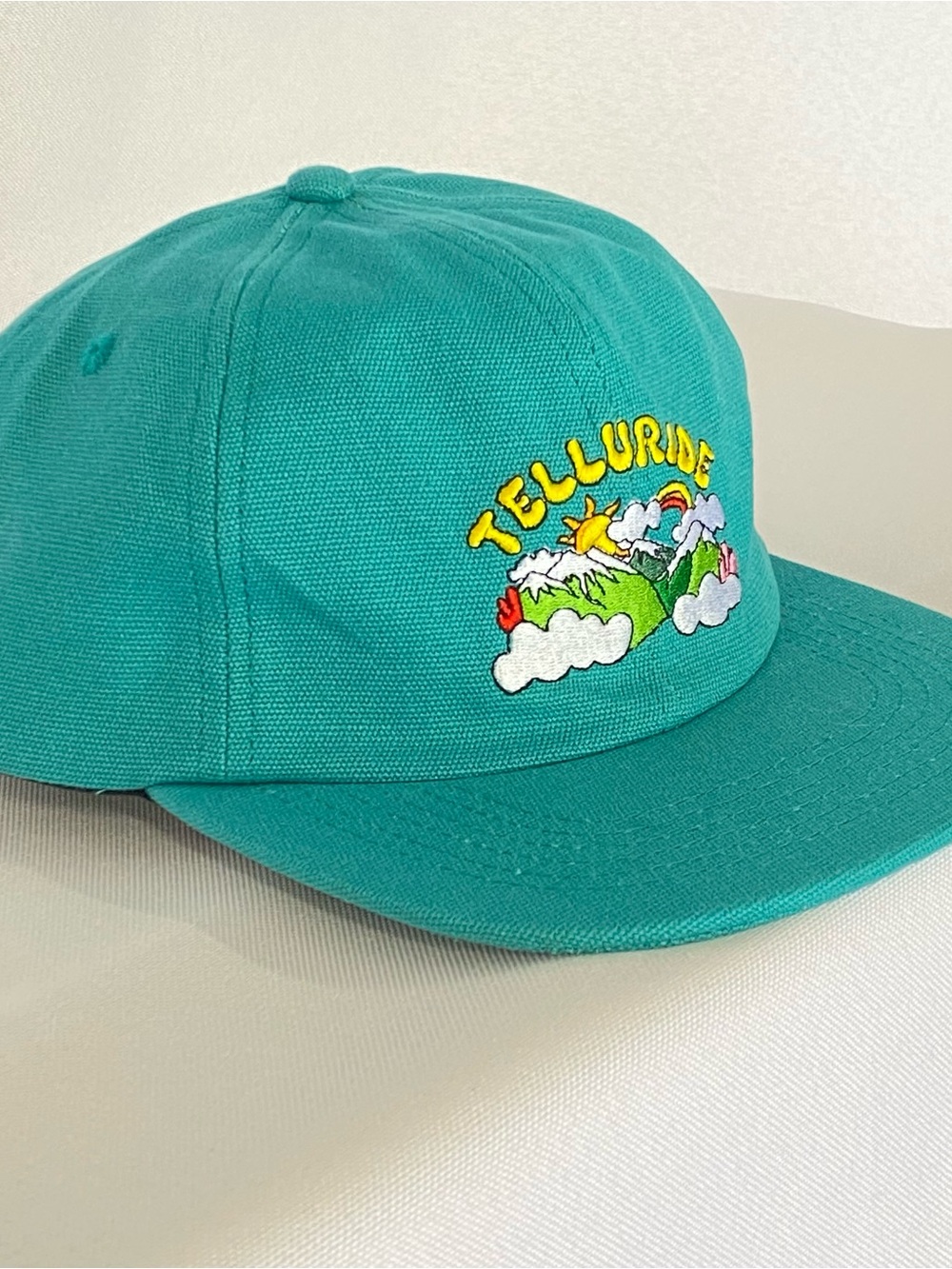 Needle Rock Threads Telluride Canvas Hat Teal 100% Cotton Mountains & Rainbow - Picture 2 of 14